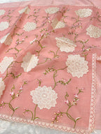 Pastel Peach Partywear Kota Silk Banarasi Embroidered Jaal with Applique work Lightweight Sarees