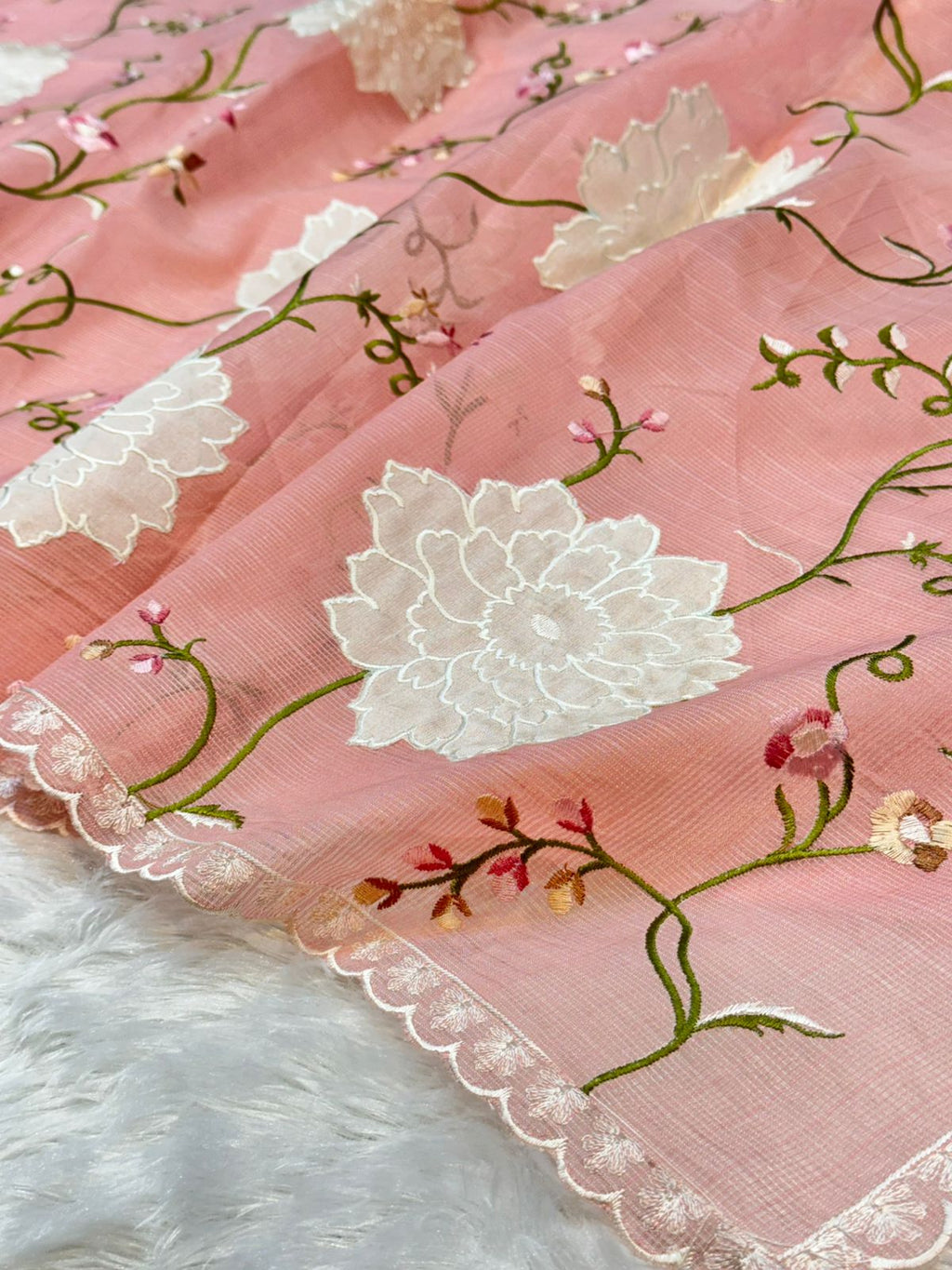 Pastel Peach Partywear Kota Silk Banarasi Embroidered Jaal with Applique work Lightweight Sarees