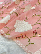Pastel Peach Partywear Kota Silk Banarasi Embroidered Jaal with Applique work Lightweight Sarees