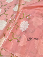 Pastel Peach Partywear Kota Silk Banarasi Embroidered Jaal with Applique work Lightweight Sarees