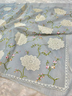 Grey Partywear Kota Silk Banarasi Embroidered Jaal with Applique work  Lightweight Sarees