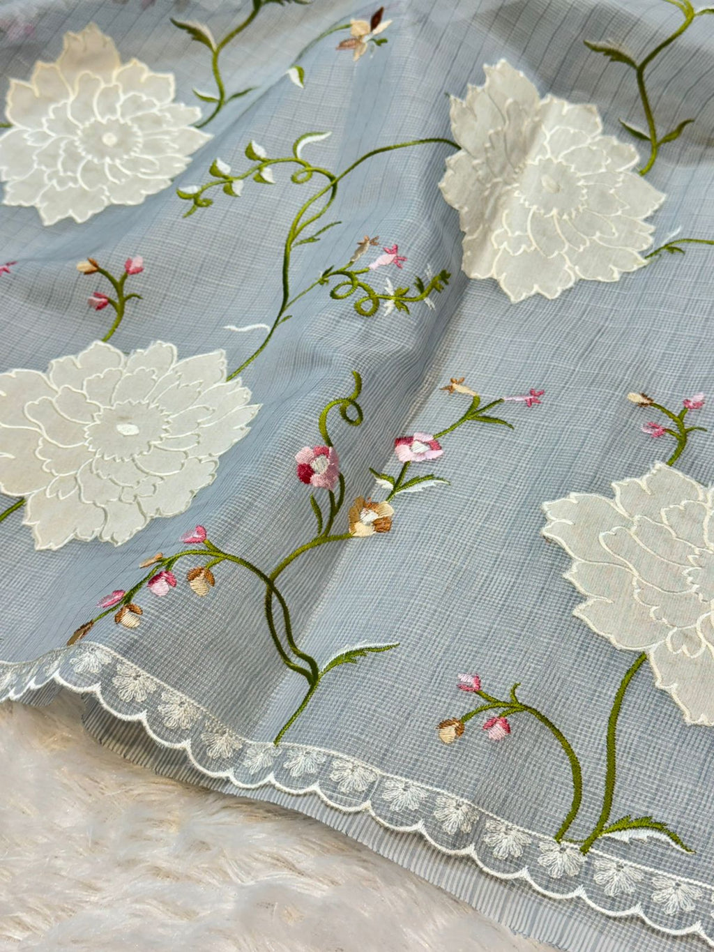 Grey Partywear Kota Silk Banarasi Embroidered Jaal with Applique work  Lightweight Sarees