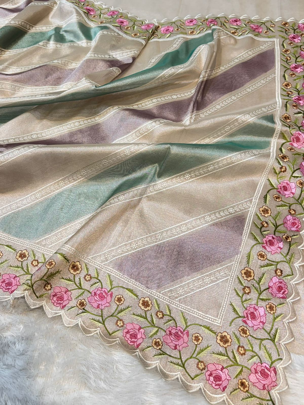 Tissue Silk Partywear Banarasi Embroidered with Tissue Applique Border Lightweight Sarees