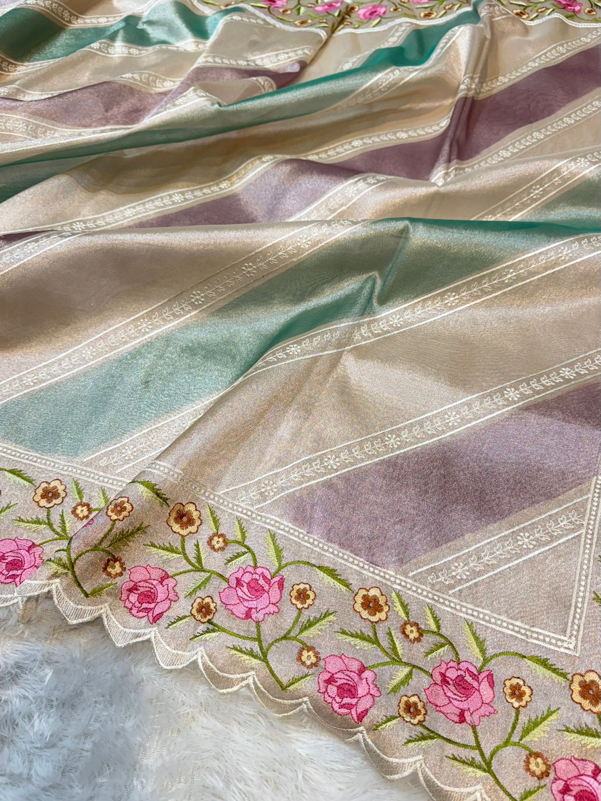 Tissue Silk Partywear Banarasi Embroidered with Tissue Applique Border Lightweight Sarees