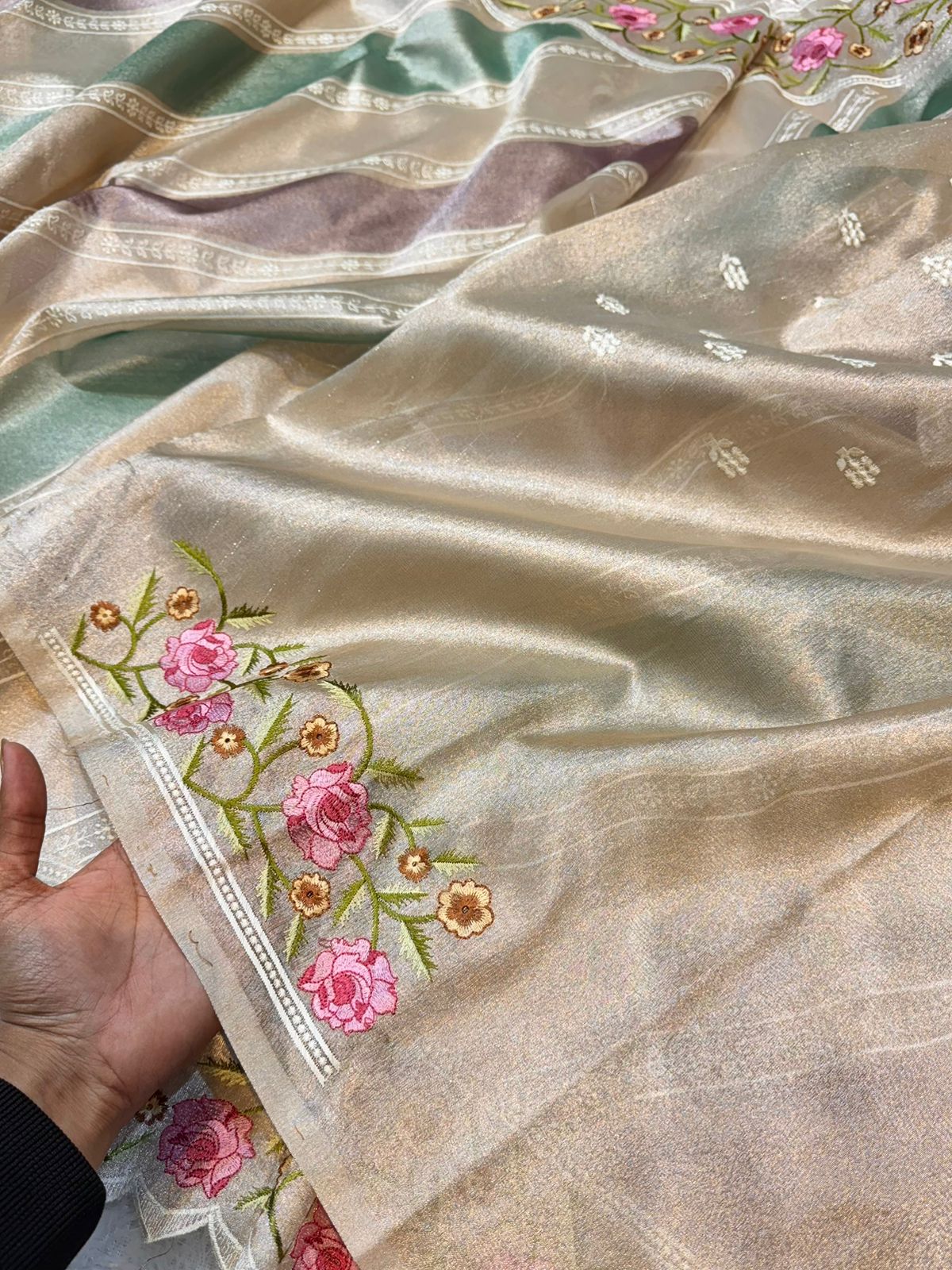 Tissue Silk Partywear Banarasi Embroidered with Tissue Applique Border Lightweight Sarees
