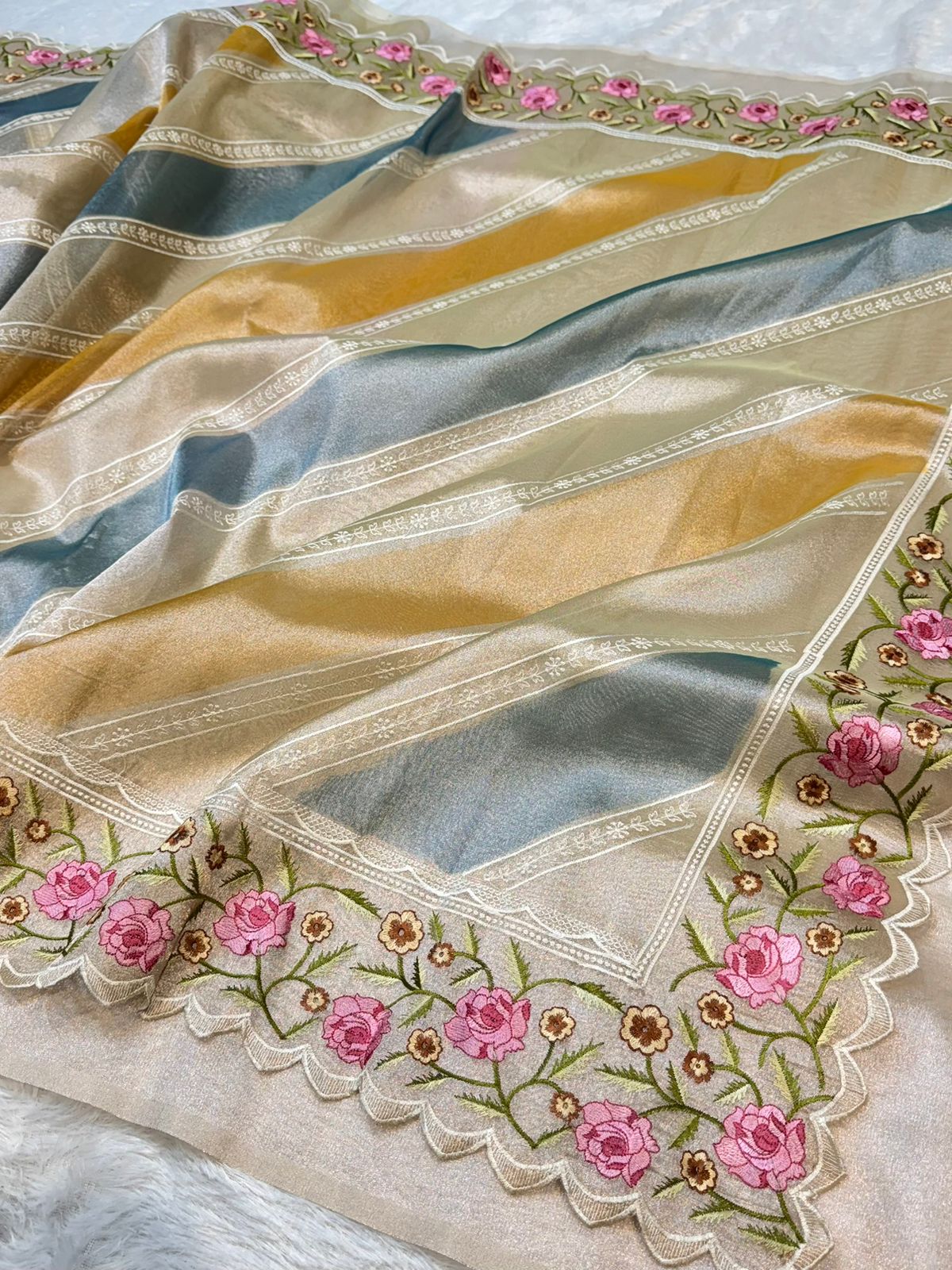 Tissue Silk Partywear Banarasi Embroidered with Tissue Applique Border Lightweight Sarees