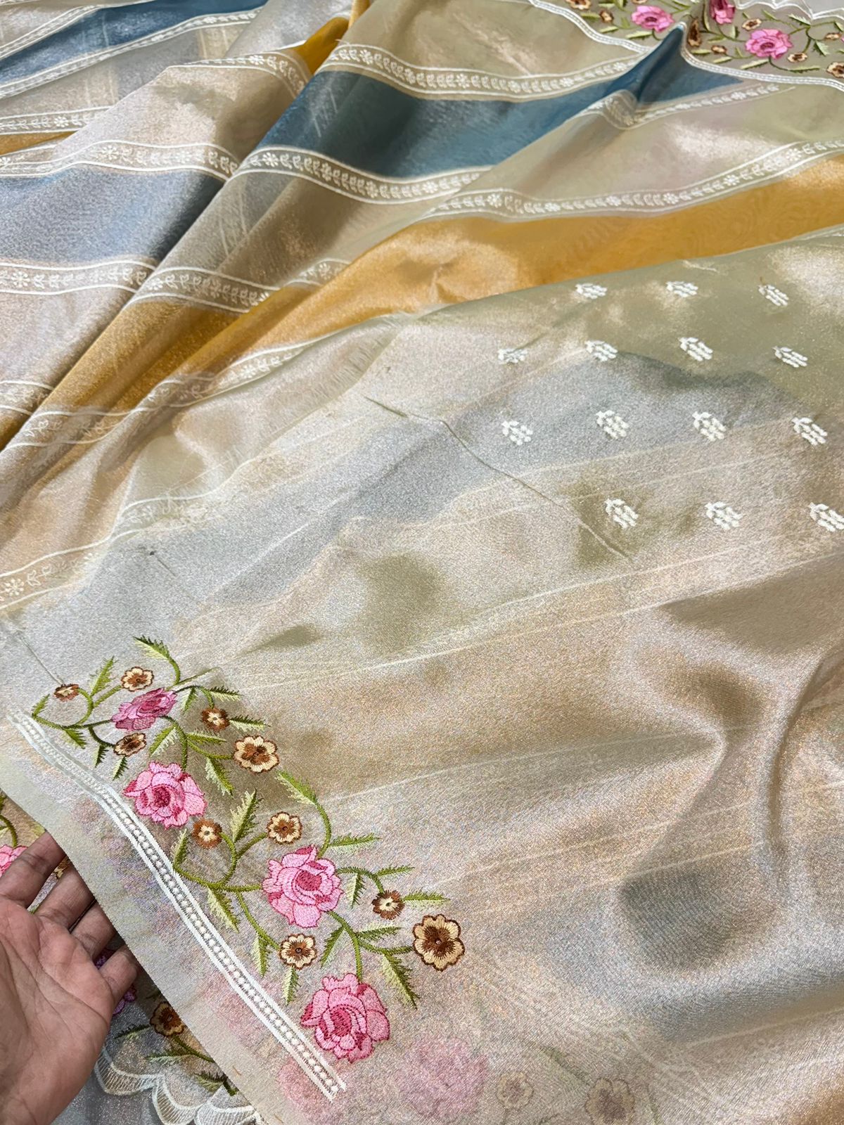 Tissue Silk Partywear Banarasi Embroidered with Tissue Applique Border Lightweight Sarees