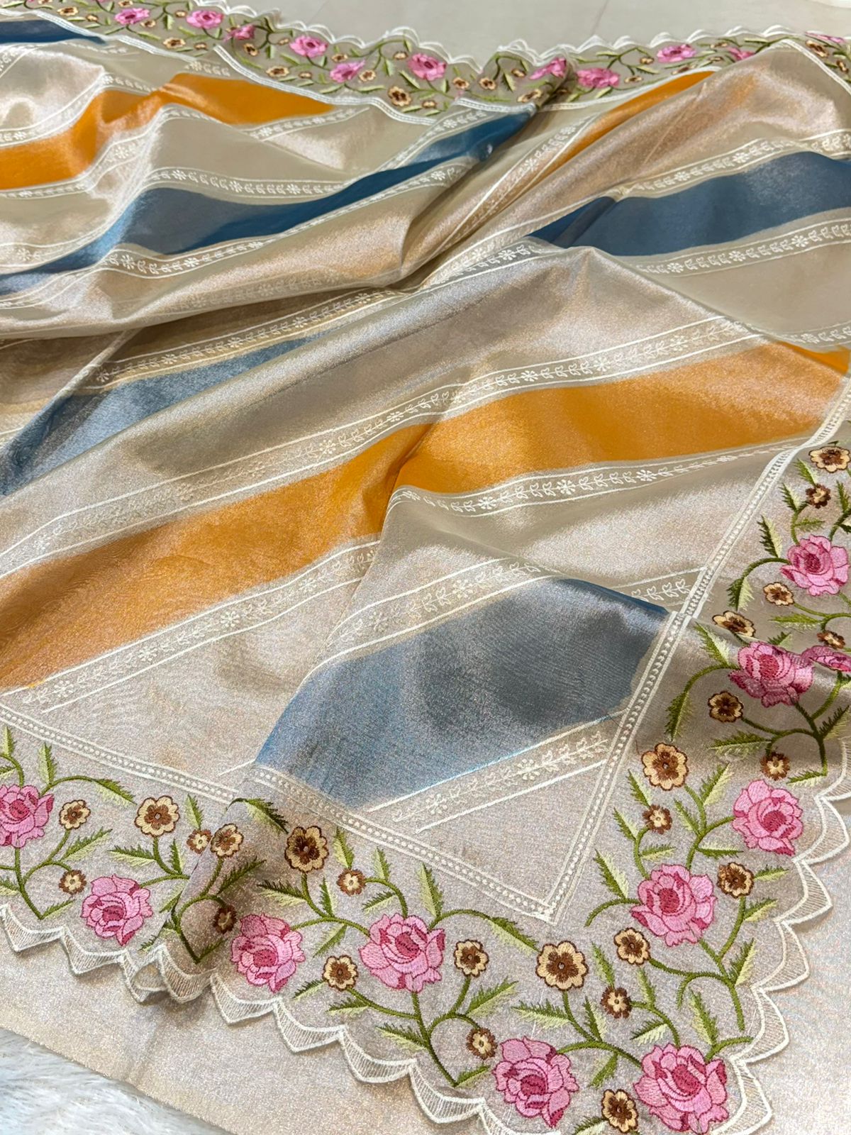 Tissue Silk Partywear Banarasi Embroidered with Tissue Applique Border Lightweight Sarees