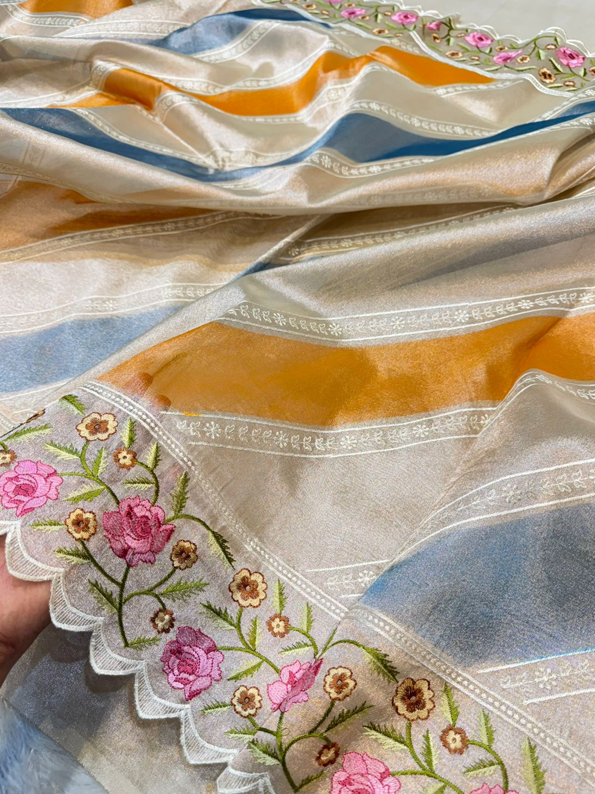 Tissue Silk Partywear Banarasi Embroidered with Tissue Applique Border Lightweight Sarees