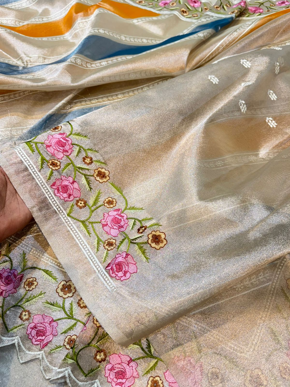 Tissue Silk Partywear Banarasi Embroidered with Tissue Applique Border Lightweight Sarees