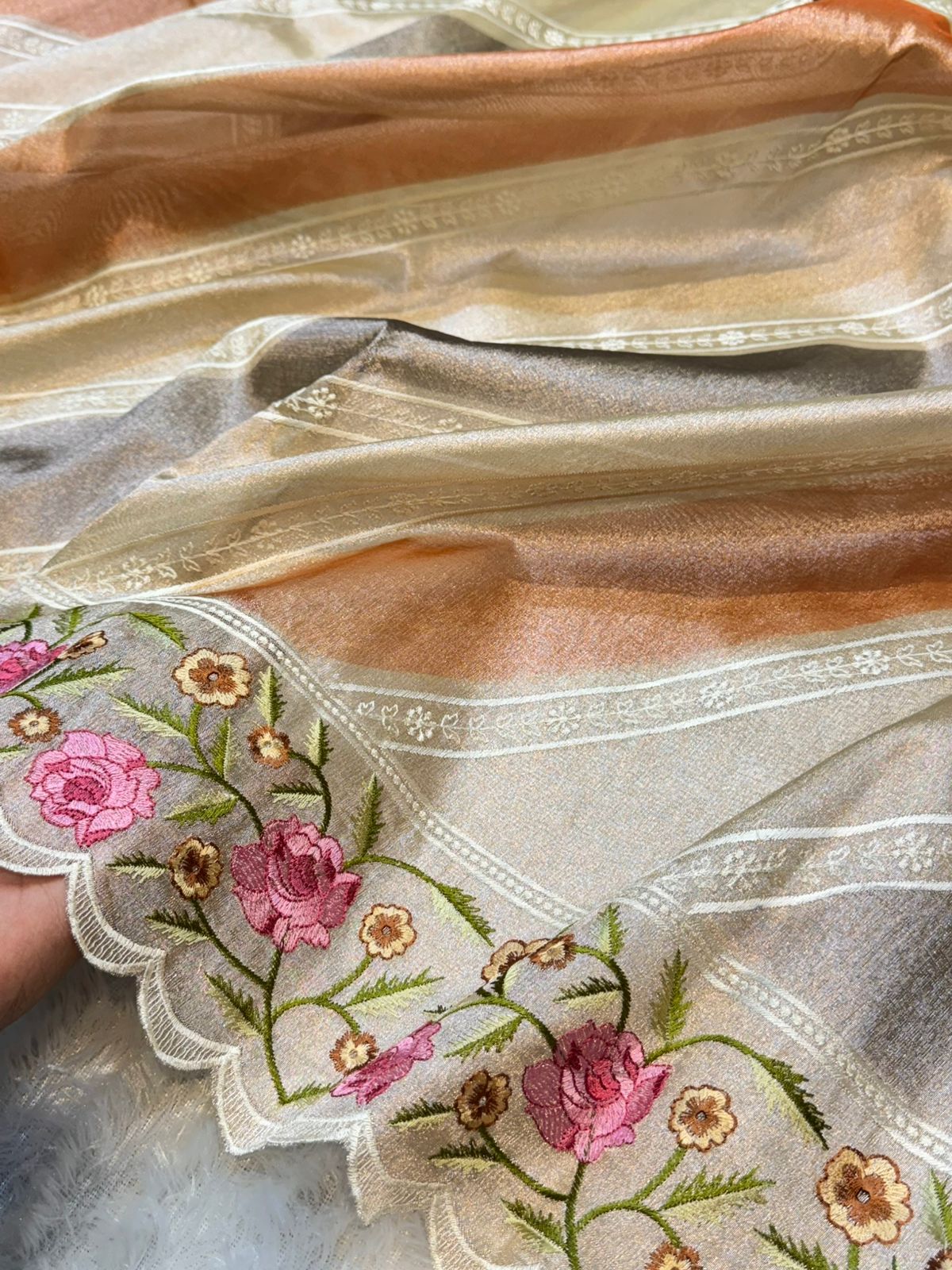 Tissue Silk Partywear Banarasi Embroidered with Tissue Applique Border Lightweight Sarees