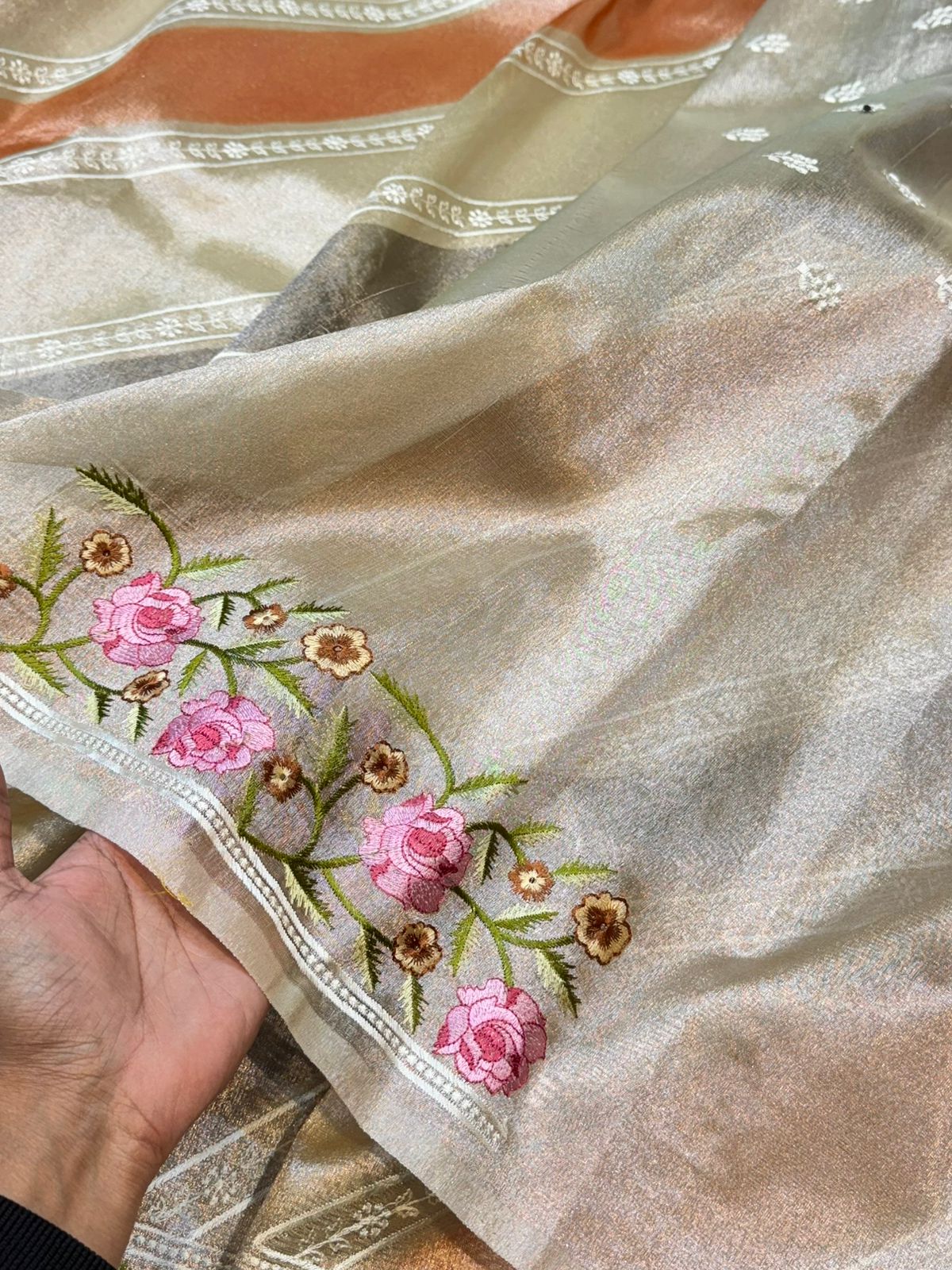 Tissue Silk Partywear Banarasi Embroidered with Tissue Applique Border Lightweight Sarees