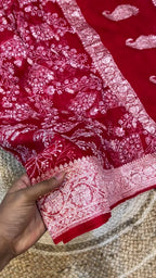 Red 100% Pure Khaddi Georgette Silver Zari ChikanKari Handloom Saree