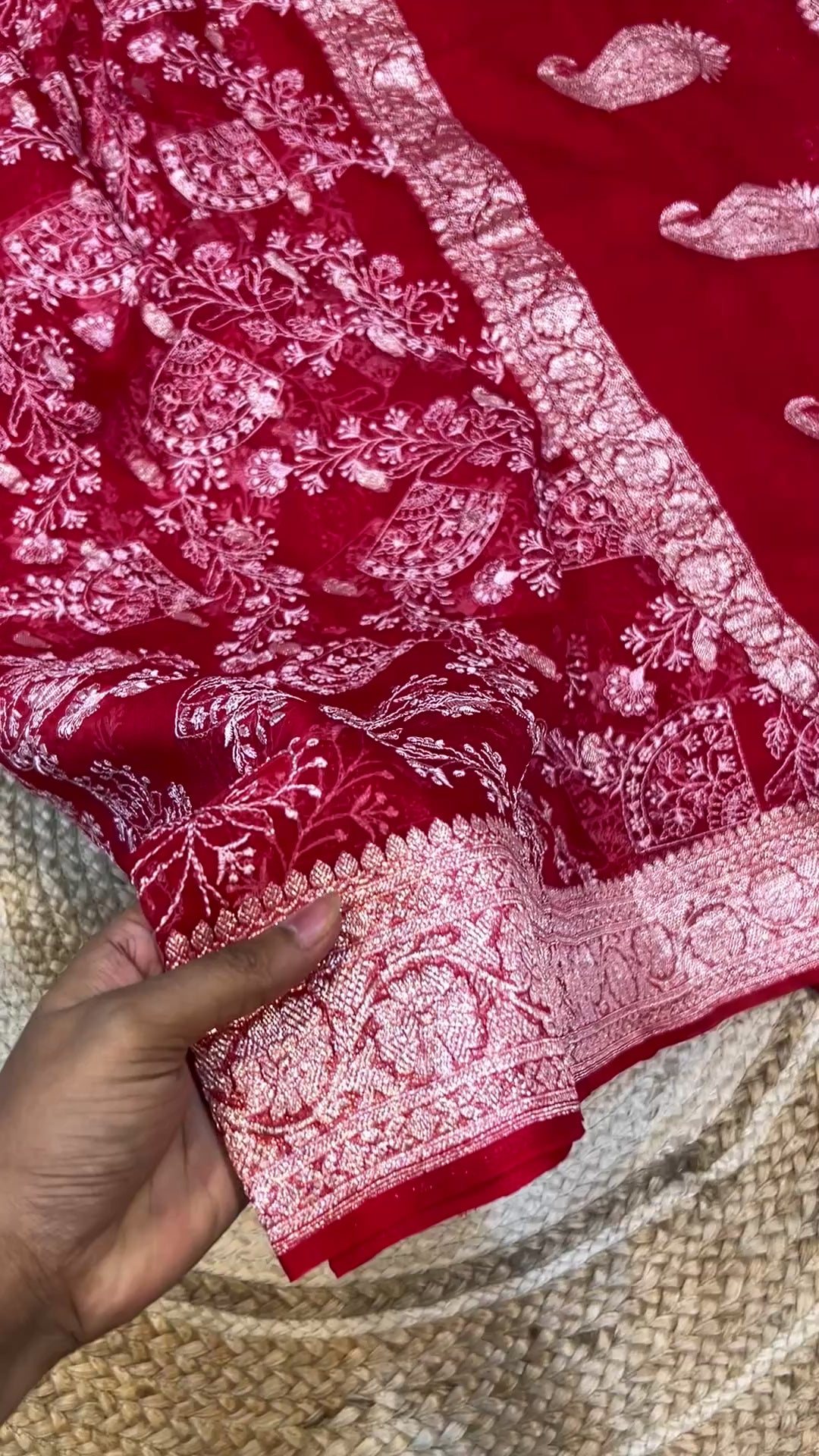 Red 100% Pure Khaddi Georgette Silver Zari ChikanKari Handloom Saree