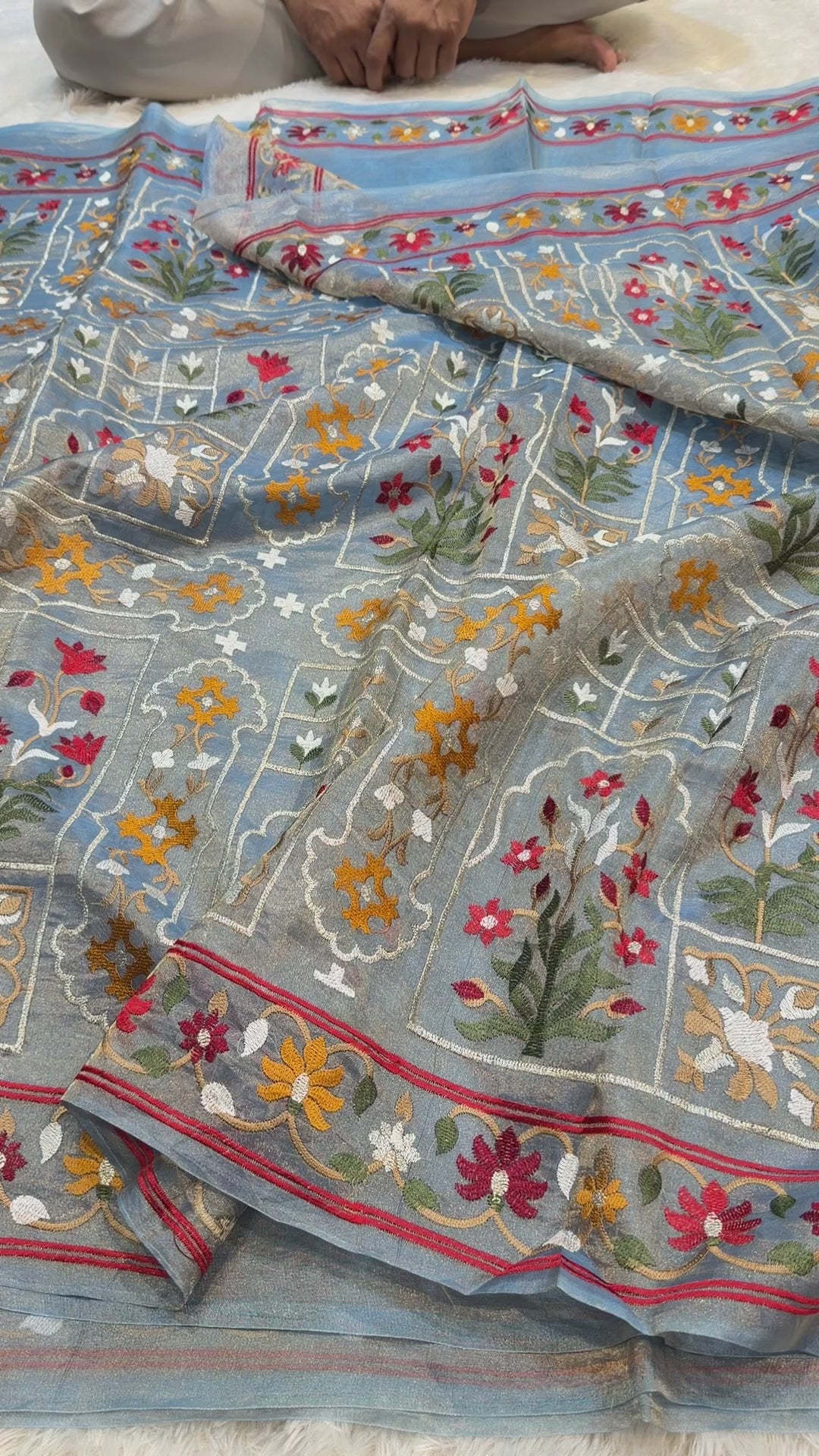 Diamond Blue Pure Handloom Double Tissue Jamdani Embroidery work Partywear Banarasi Saree