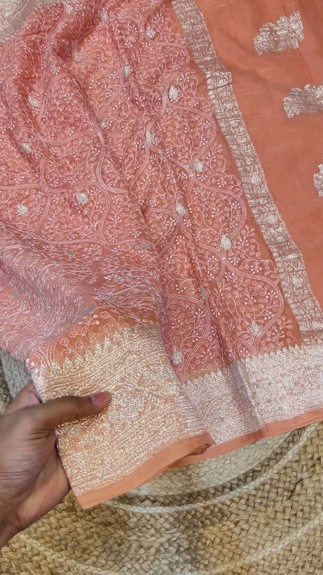 Peach 100% Pure Khaddi Georgette Silver Zari ChikanKari Handloom Saree