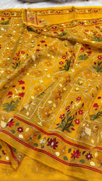 Diamond Gold Yellow Pure Handloom Double Tissue Jamdani Embroidery work Partywear Banarasi Saree