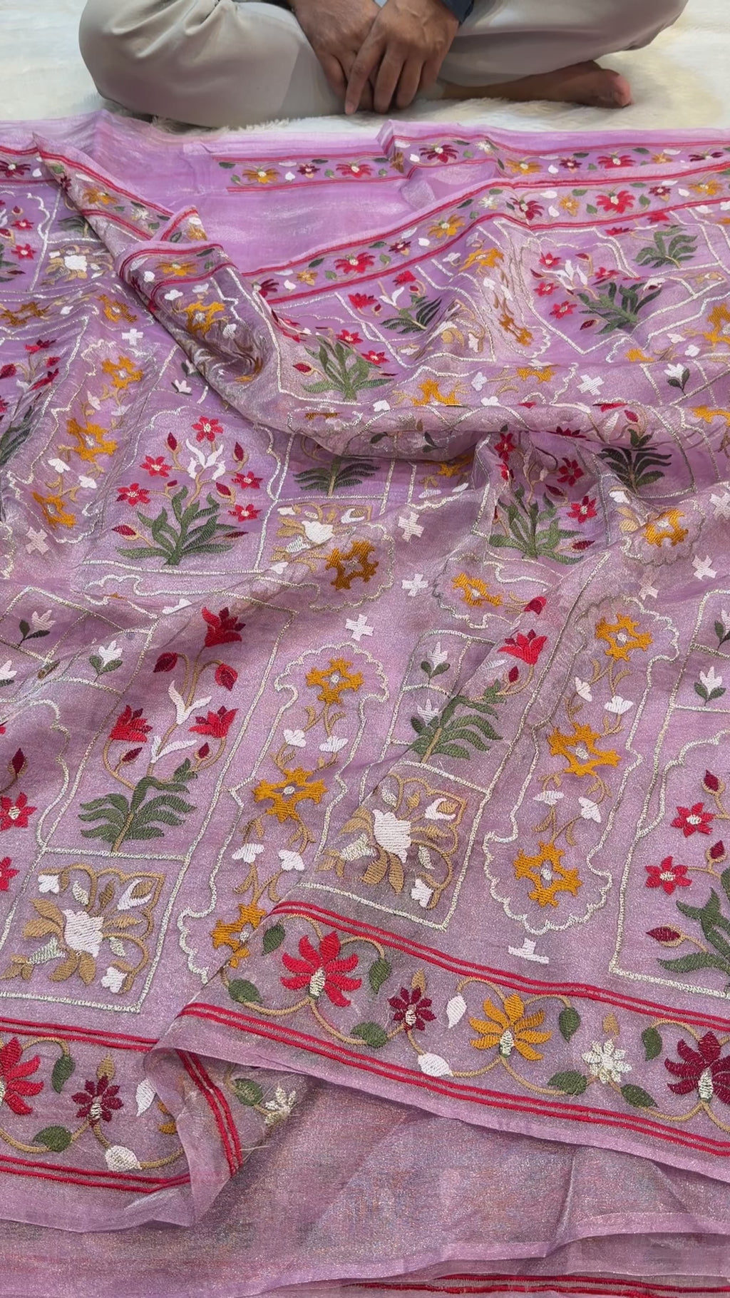 Diamond Lavender Pure Handloom Double Tissue Jamdani Embroidery work Partywear Banarasi Saree