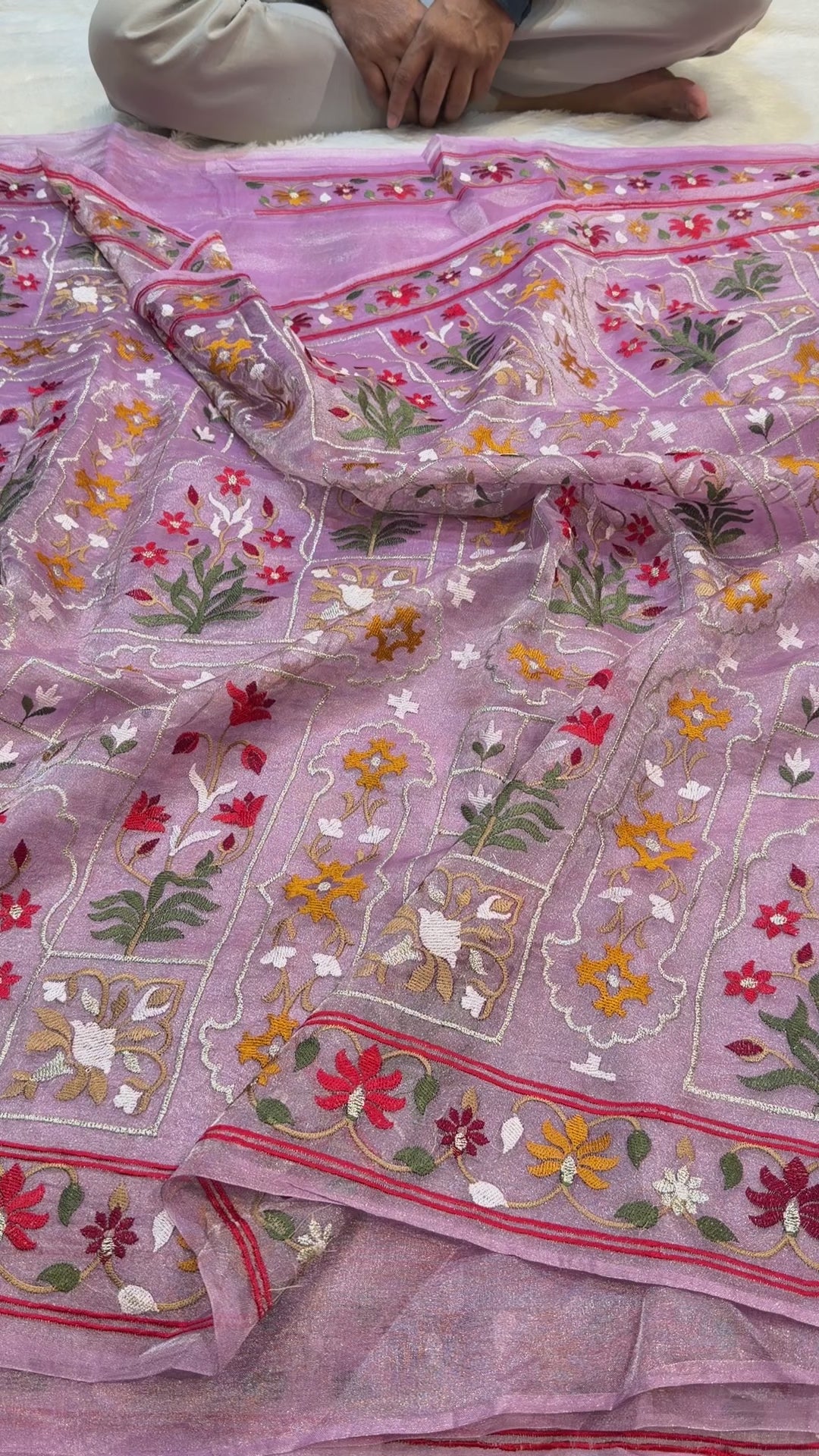 Diamond Lavender Pure Handloom Double Tissue Jamdani Embroidery work Partywear Banarasi Saree