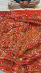 Diamond Red Pure Handloom Double Tissue Jamdani Embroidery work Partywear Banarasi Saree