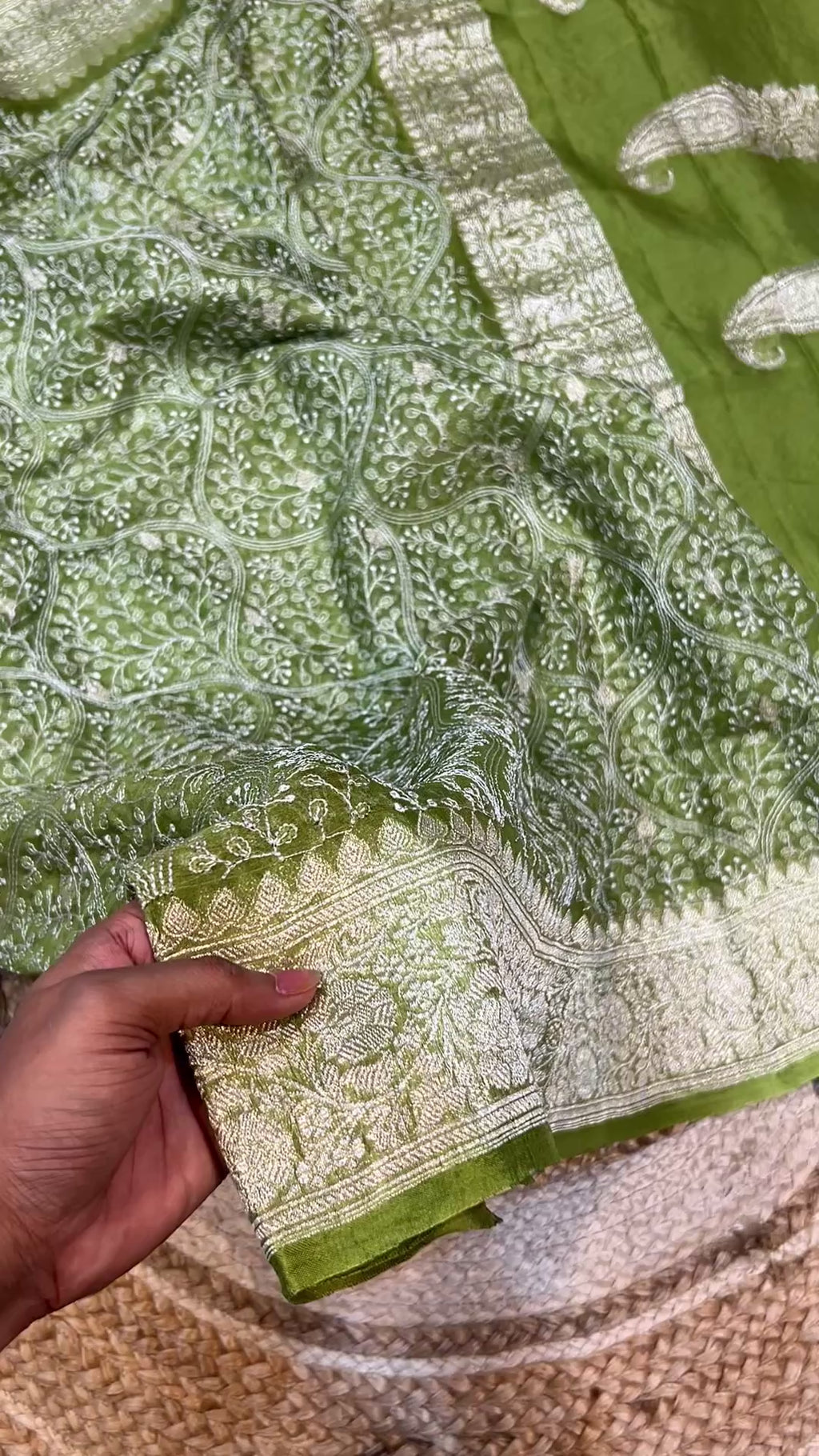 Mehendi Green 100% Pure Khaddi Georgette Silver Zari ChikanKari Handloom Saree